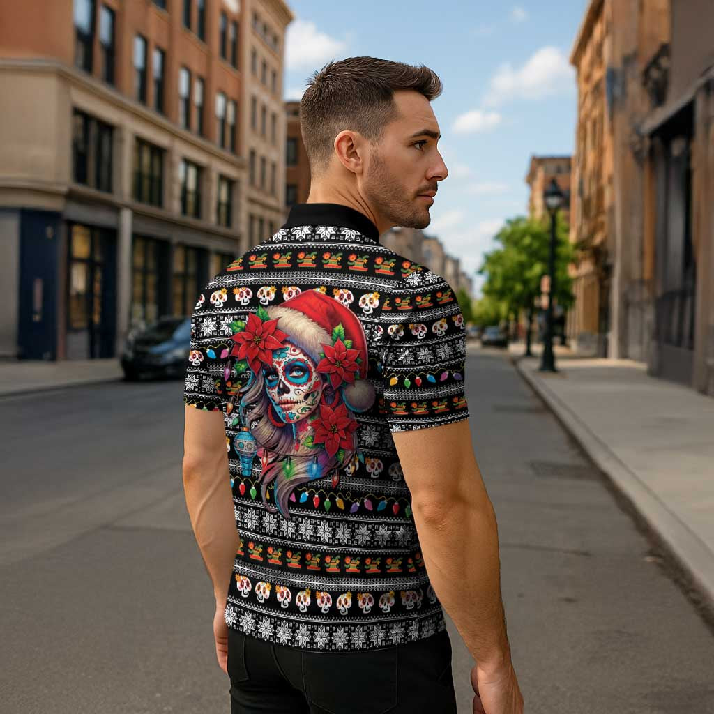 Mexican Sugar Skull Lady Christmas Zipper Polo Shirt Feliz Navidad Mexico - Wonder Print Shop