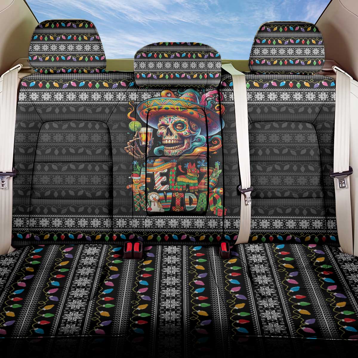 Mexican Sugar Skull Spanish Christmas Back Car Seat Cover Feliz Navidad Mexico - Wonder Print Shop