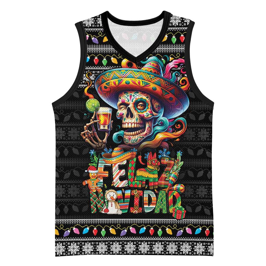 Mexican Sugar Skull Spanish Christmas Basketball Jersey Feliz Navidad Mexico - Wonder Print Shop