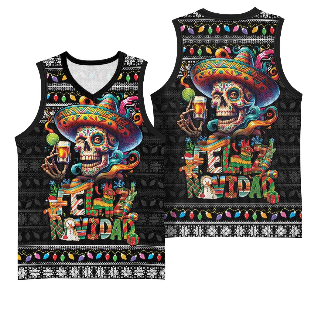 Mexican Sugar Skull Spanish Christmas Basketball Jersey Feliz Navidad Mexico - Wonder Print Shop