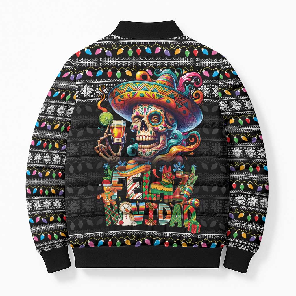 Mexican Sugar Skull Spanish Christmas Bomber Puffer Jacket Feliz Navidad Mexico - Wonder Print Shop