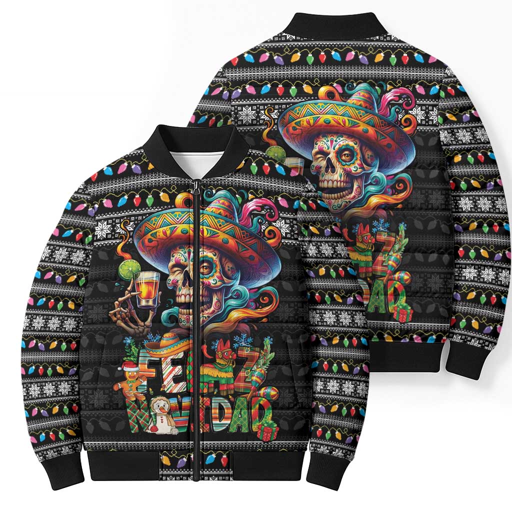 Mexican Sugar Skull Spanish Christmas Bomber Puffer Jacket Feliz Navidad Mexico - Wonder Print Shop