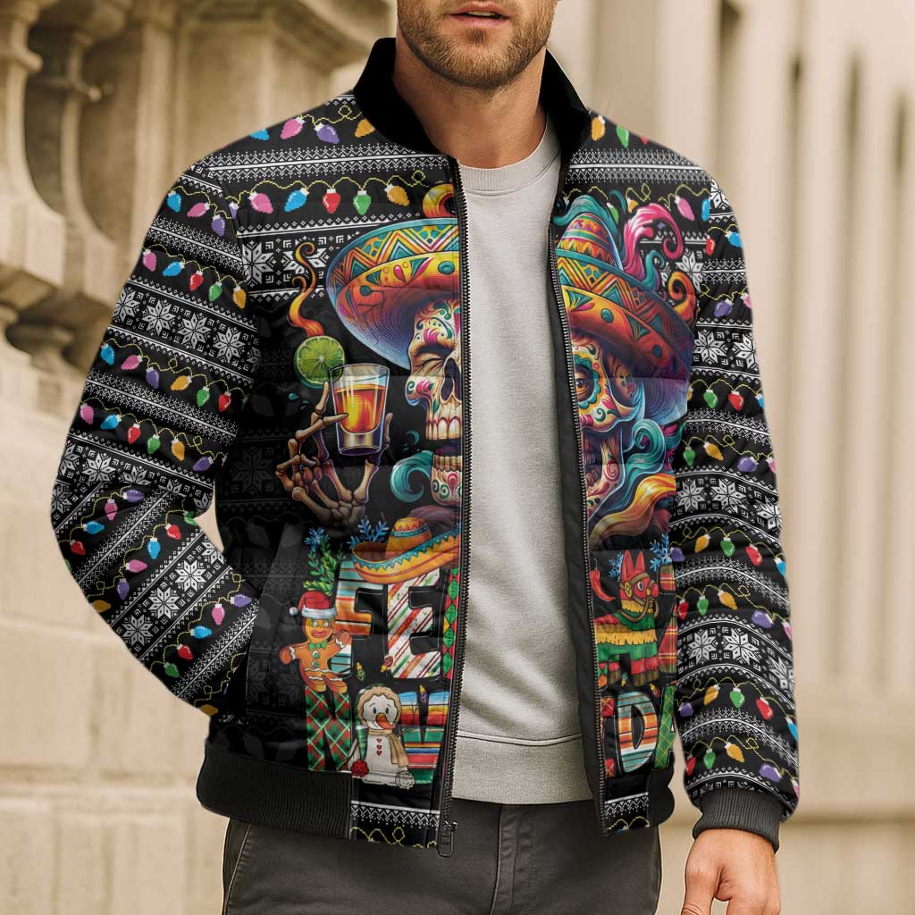 Mexican Sugar Skull Spanish Christmas Bomber Puffer Jacket Feliz Navidad Mexico - Wonder Print Shop
