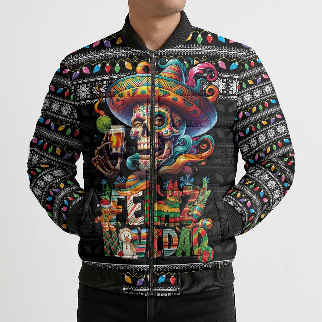 Mexican Sugar Skull Spanish Christmas Bomber Puffer Jacket Feliz Navidad Mexico - Wonder Print Shop