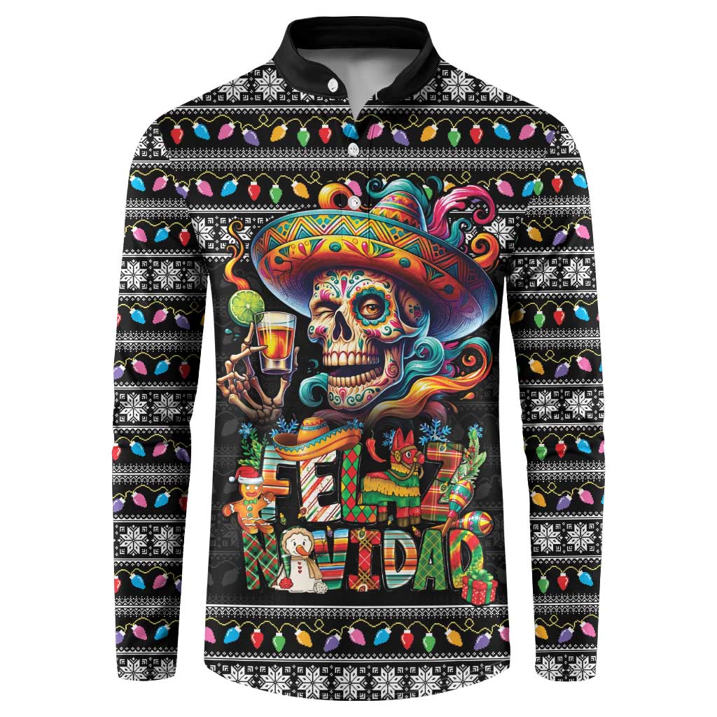 Mexican Sugar Skull Spanish Christmas Button Sweatshirt Feliz Navidad Mexico - Wonder Print Shop