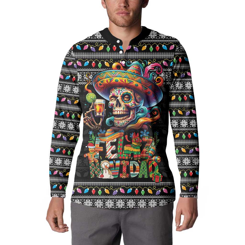 Mexican Sugar Skull Spanish Christmas Button Sweatshirt Feliz Navidad Mexico - Wonder Print Shop