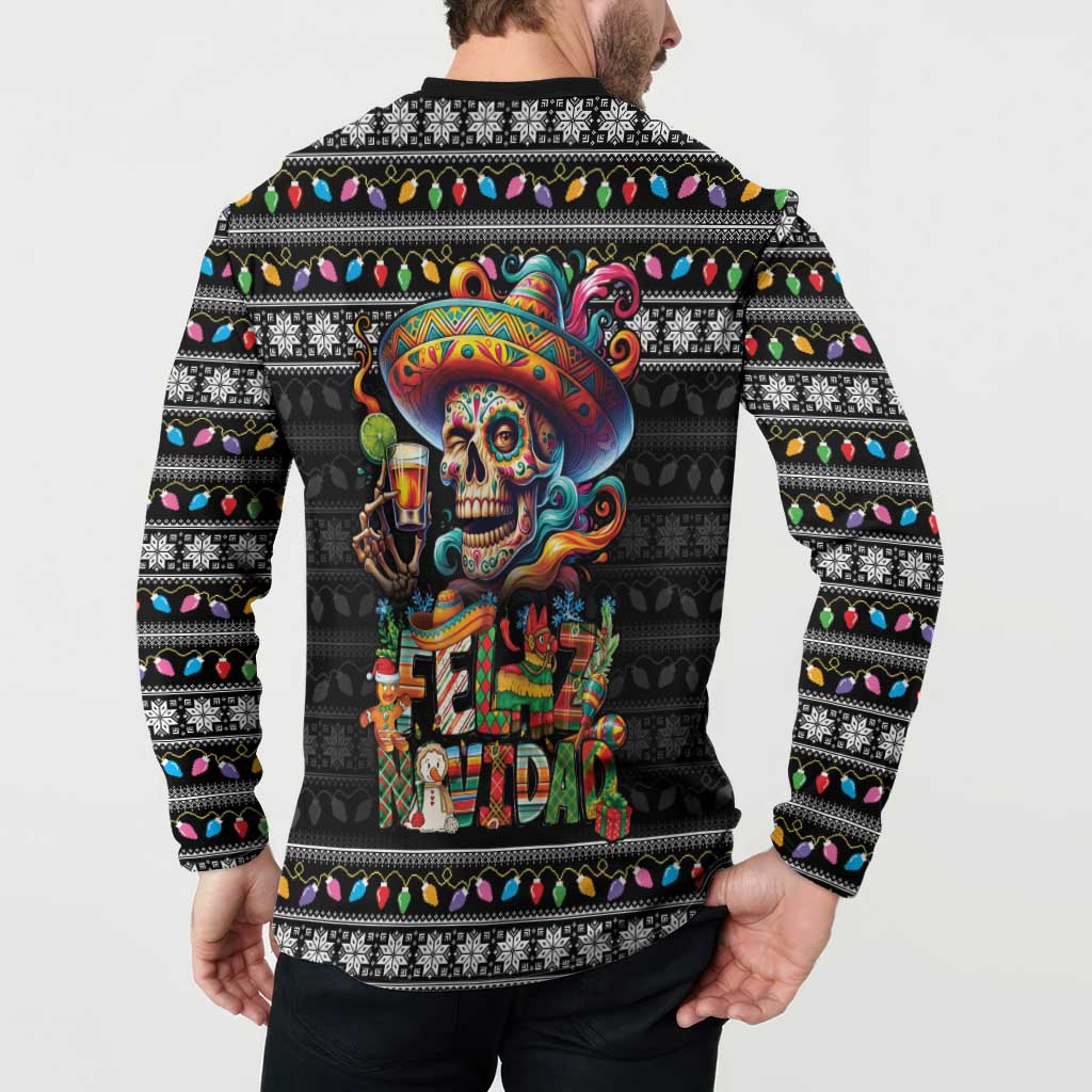 Mexican Sugar Skull Spanish Christmas Button Sweatshirt Feliz Navidad Mexico - Wonder Print Shop