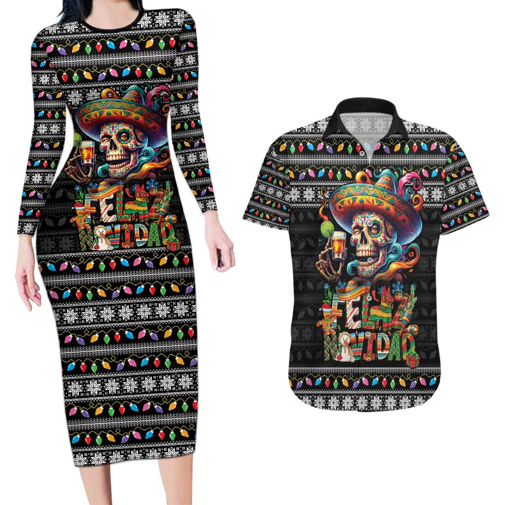 Mexican Sugar Skull Spanish Christmas Couples Matching Long Sleeve Bodycon Dress and Hawaiian Shirt Feliz Navidad Mexico - Wonder Print Shop