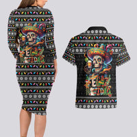 Mexican Sugar Skull Spanish Christmas Couples Matching Long Sleeve Bodycon Dress and Hawaiian Shirt Feliz Navidad Mexico - Wonder Print Shop