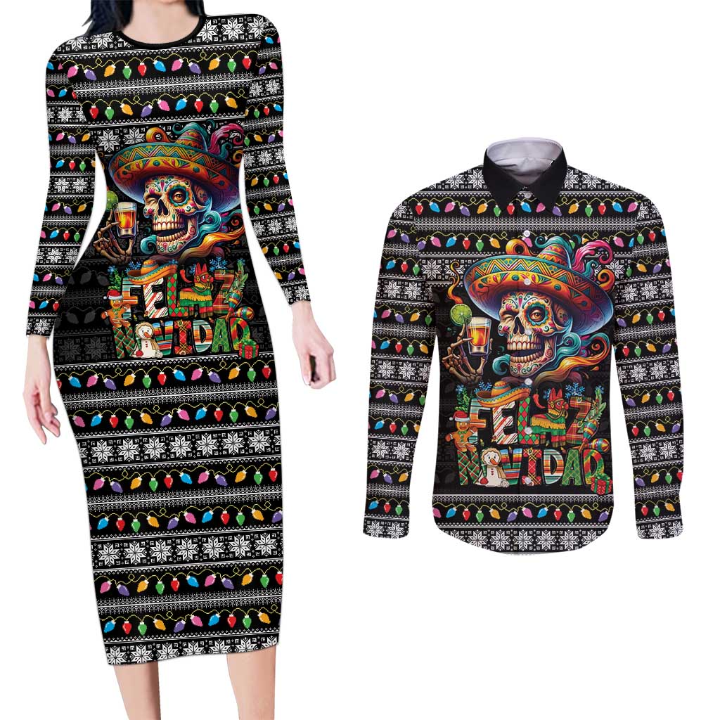 Mexican Sugar Skull Spanish Christmas Couples Matching Long Sleeve Bodycon Dress and Long Sleeve Button Shirt Feliz Navidad Mexico - Wonder Print Shop