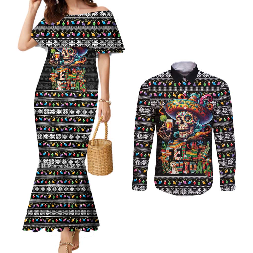 Mexican Sugar Skull Spanish Christmas Couples Matching Mermaid Dress and Long Sleeve Button Shirt Feliz Navidad Mexico - Wonder Print Shop