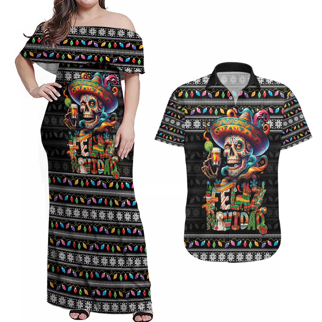 Mexican Sugar Skull Spanish Christmas Couples Matching Off Shoulder Maxi Dress and Hawaiian Shirt Feliz Navidad Mexico - Wonder Print Shop