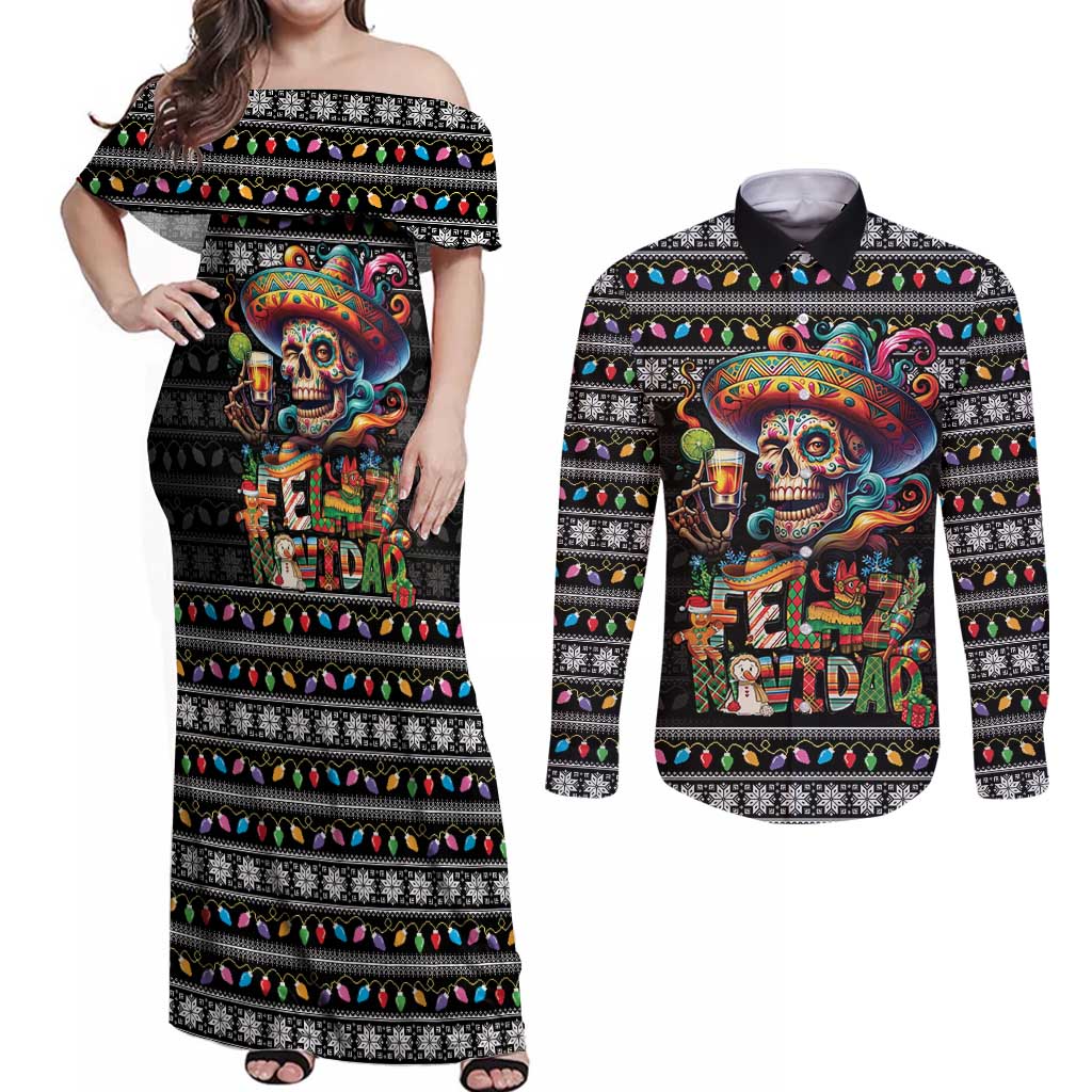 Mexican Sugar Skull Spanish Christmas Couples Matching Off Shoulder Maxi Dress and Long Sleeve Button Shirt Feliz Navidad Mexico - Wonder Print Shop