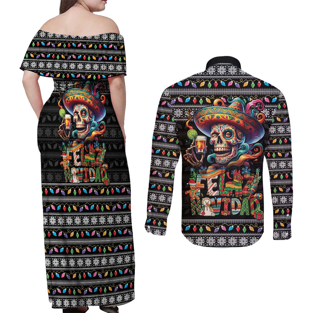 Mexican Sugar Skull Spanish Christmas Couples Matching Off Shoulder Maxi Dress and Long Sleeve Button Shirt Feliz Navidad Mexico - Wonder Print Shop