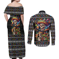 Mexican Sugar Skull Spanish Christmas Couples Matching Off Shoulder Maxi Dress and Long Sleeve Button Shirt Feliz Navidad Mexico - Wonder Print Shop