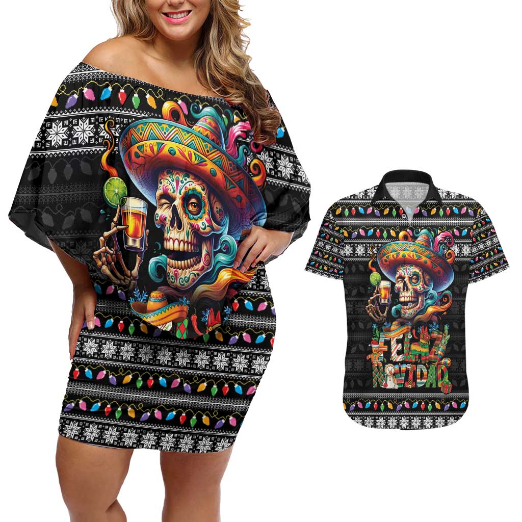 Mexican Sugar Skull Spanish Christmas Couples Matching Off Shoulder Short Dress and Hawaiian Shirt Feliz Navidad Mexico - Wonder Print Shop