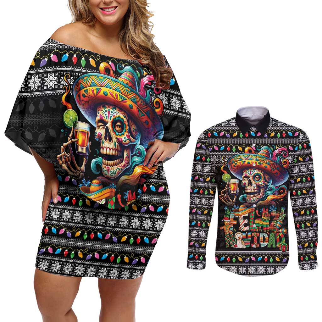 Mexican Sugar Skull Spanish Christmas Couples Matching Off Shoulder Short Dress and Long Sleeve Button Shirt Feliz Navidad Mexico - Wonder Print Shop