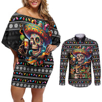Mexican Sugar Skull Spanish Christmas Couples Matching Off Shoulder Short Dress and Long Sleeve Button Shirt Feliz Navidad Mexico - Wonder Print Shop