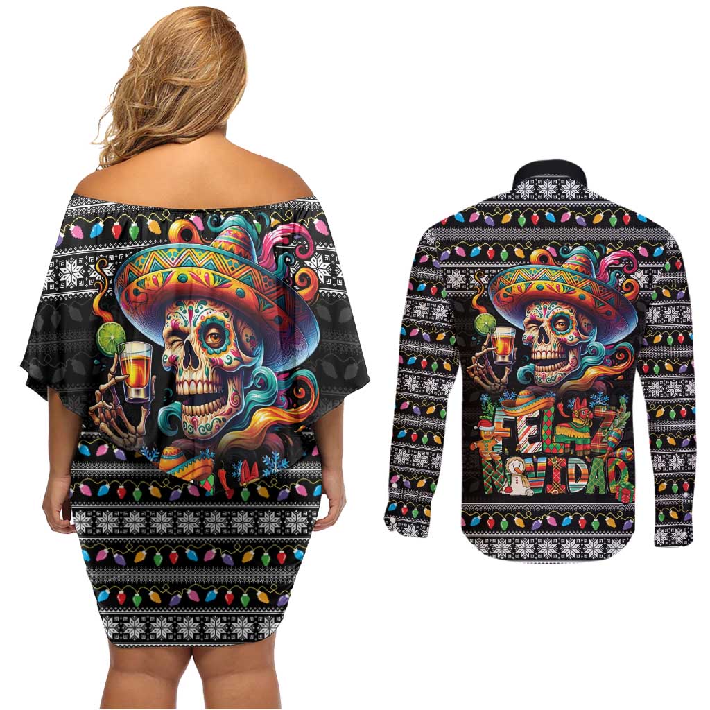 Mexican Sugar Skull Spanish Christmas Couples Matching Off Shoulder Short Dress and Long Sleeve Button Shirt Feliz Navidad Mexico - Wonder Print Shop