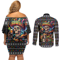 Mexican Sugar Skull Spanish Christmas Couples Matching Off Shoulder Short Dress and Long Sleeve Button Shirt Feliz Navidad Mexico - Wonder Print Shop
