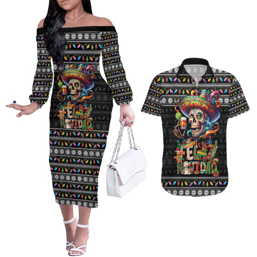 Mexican Sugar Skull Spanish Christmas Couples Matching Off The Shoulder Long Sleeve Dress and Hawaiian Shirt Feliz Navidad Mexico - Wonder Print Shop