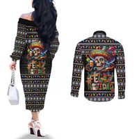 Mexican Sugar Skull Spanish Christmas Couples Matching Off The Shoulder Long Sleeve Dress and Long Sleeve Button Shirt Feliz Navidad Mexico - Wonder Print Shop