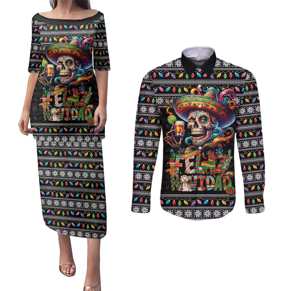 Mexican Sugar Skull Spanish Christmas Couples Matching Puletasi and Long Sleeve Button Shirt Feliz Navidad Mexico - Wonder Print Shop