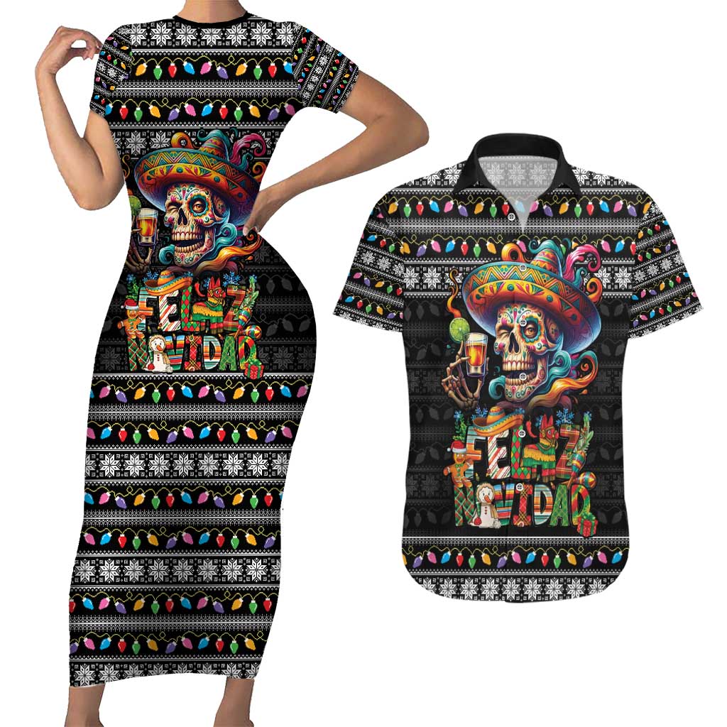 Mexican Sugar Skull Spanish Christmas Couples Matching Short Sleeve Bodycon Dress and Hawaiian Shirt Feliz Navidad Mexico - Wonder Print Shop