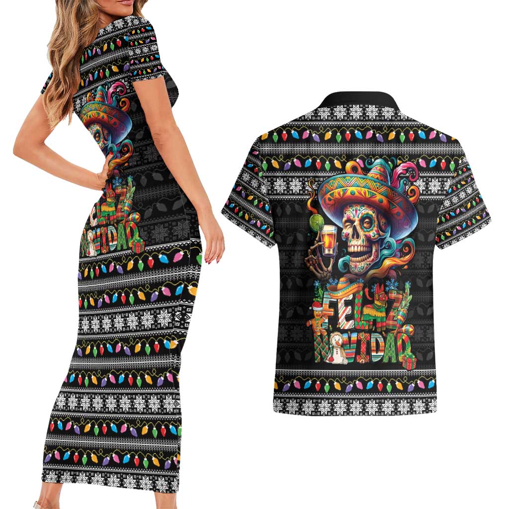 Mexican Sugar Skull Spanish Christmas Couples Matching Short Sleeve Bodycon Dress and Hawaiian Shirt Feliz Navidad Mexico - Wonder Print Shop