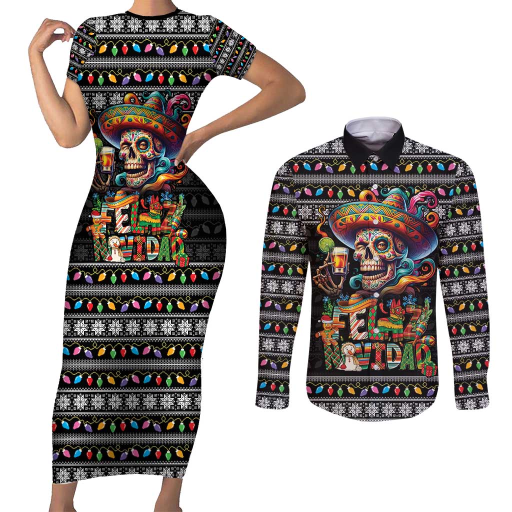 Mexican Sugar Skull Spanish Christmas Couples Matching Short Sleeve Bodycon Dress and Long Sleeve Button Shirt Feliz Navidad Mexico - Wonder Print Shop
