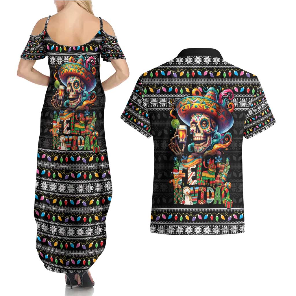 Mexican Sugar Skull Spanish Christmas Couples Matching Summer Maxi Dress and Hawaiian Shirt Feliz Navidad Mexico - Wonder Print Shop