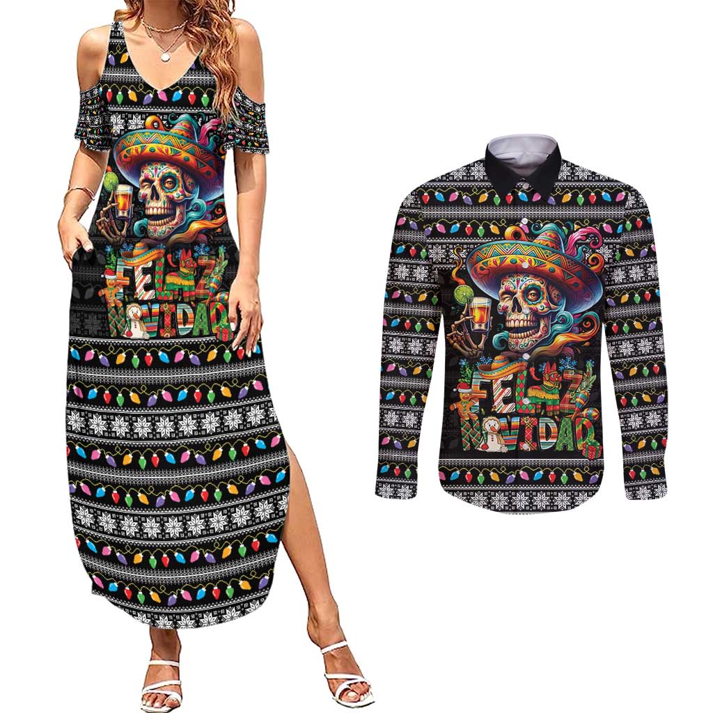Mexican Sugar Skull Spanish Christmas Couples Matching Summer Maxi Dress and Long Sleeve Button Shirt Feliz Navidad Mexico - Wonder Print Shop
