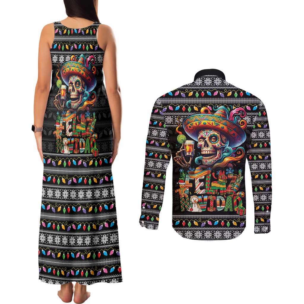 Mexican Sugar Skull Spanish Christmas Couples Matching Tank Maxi Dress and Long Sleeve Button Shirt Feliz Navidad Mexico - Wonder Print Shop