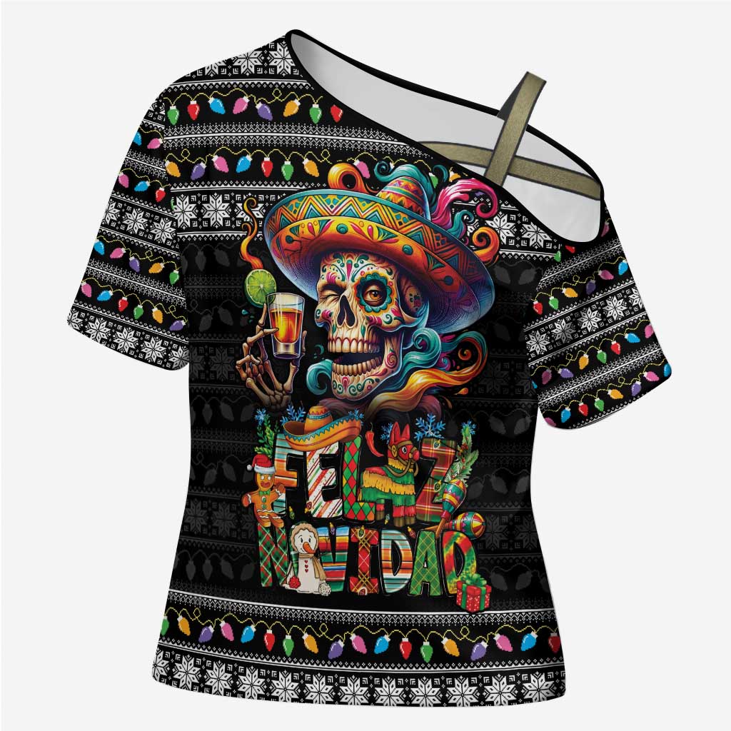 Mexican Sugar Skull Spanish Christmas Cross Shoulder Shirt Feliz Navidad Mexico - Wonder Print Shop