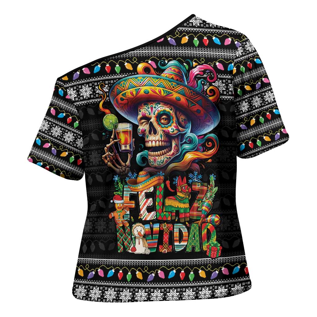 Mexican Sugar Skull Spanish Christmas Cross Shoulder Shirt Feliz Navidad Mexico - Wonder Print Shop