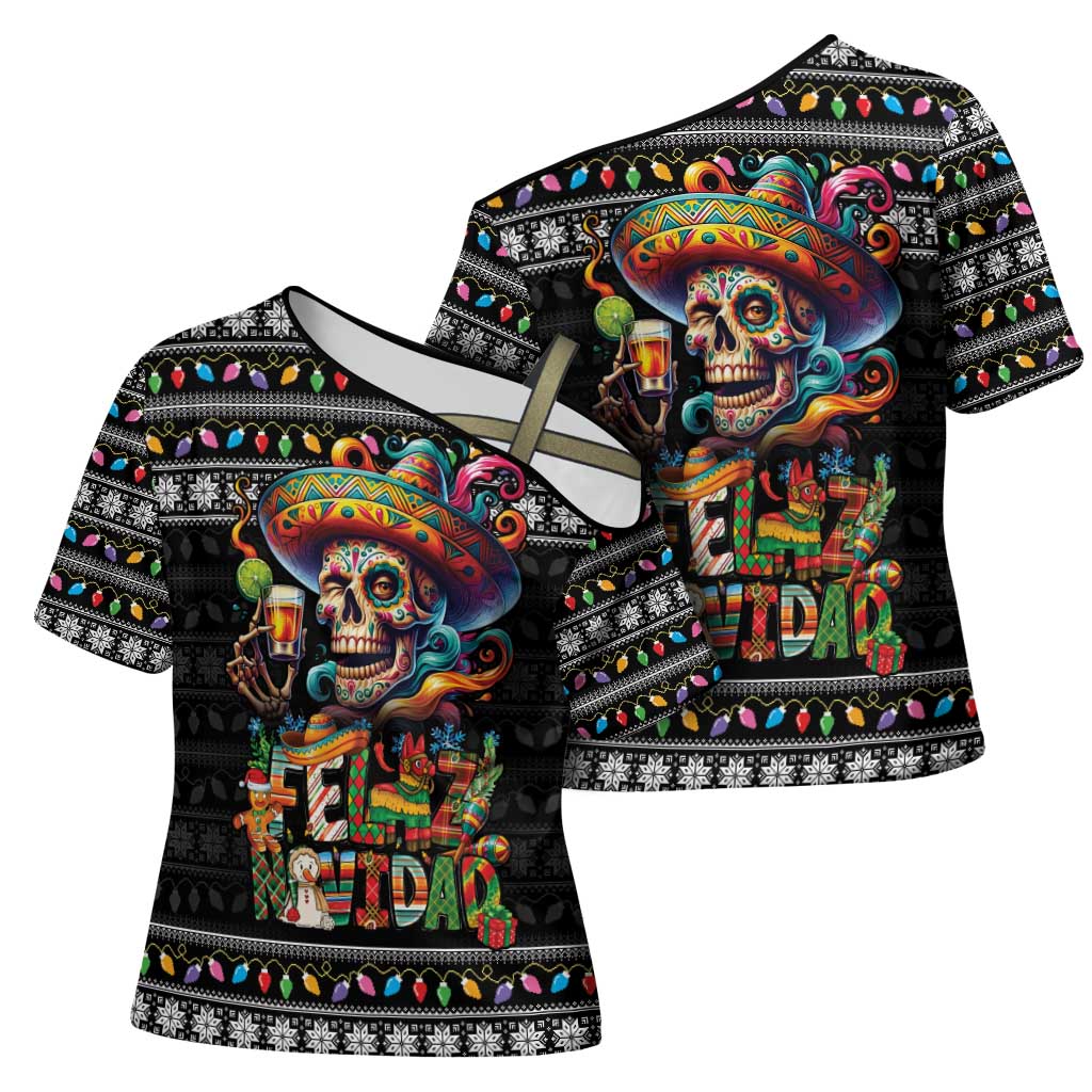 Mexican Sugar Skull Spanish Christmas Cross Shoulder Shirt Feliz Navidad Mexico - Wonder Print Shop