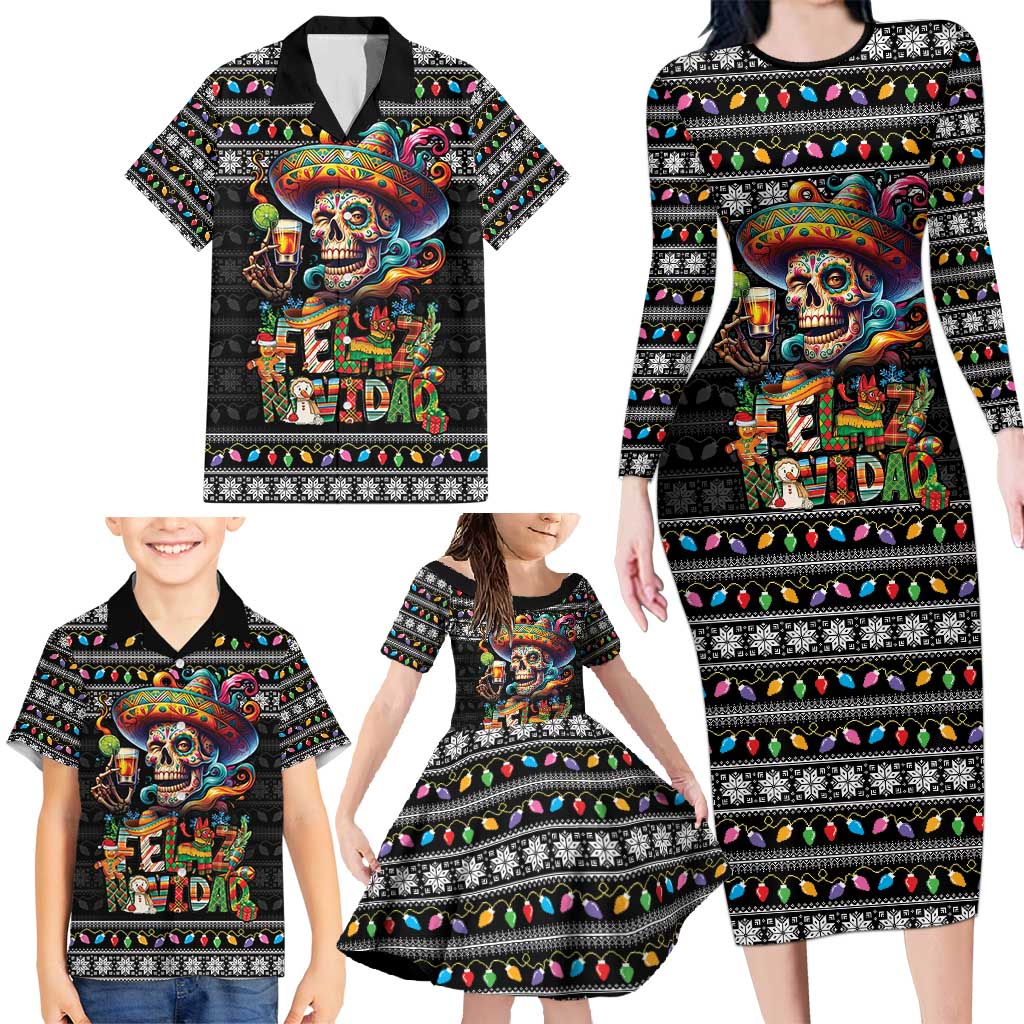 Mexican Sugar Skull Spanish Christmas Family Matching Long Sleeve Bodycon Dress and Hawaiian Shirt Feliz Navidad Mexico - Wonder Print Shop