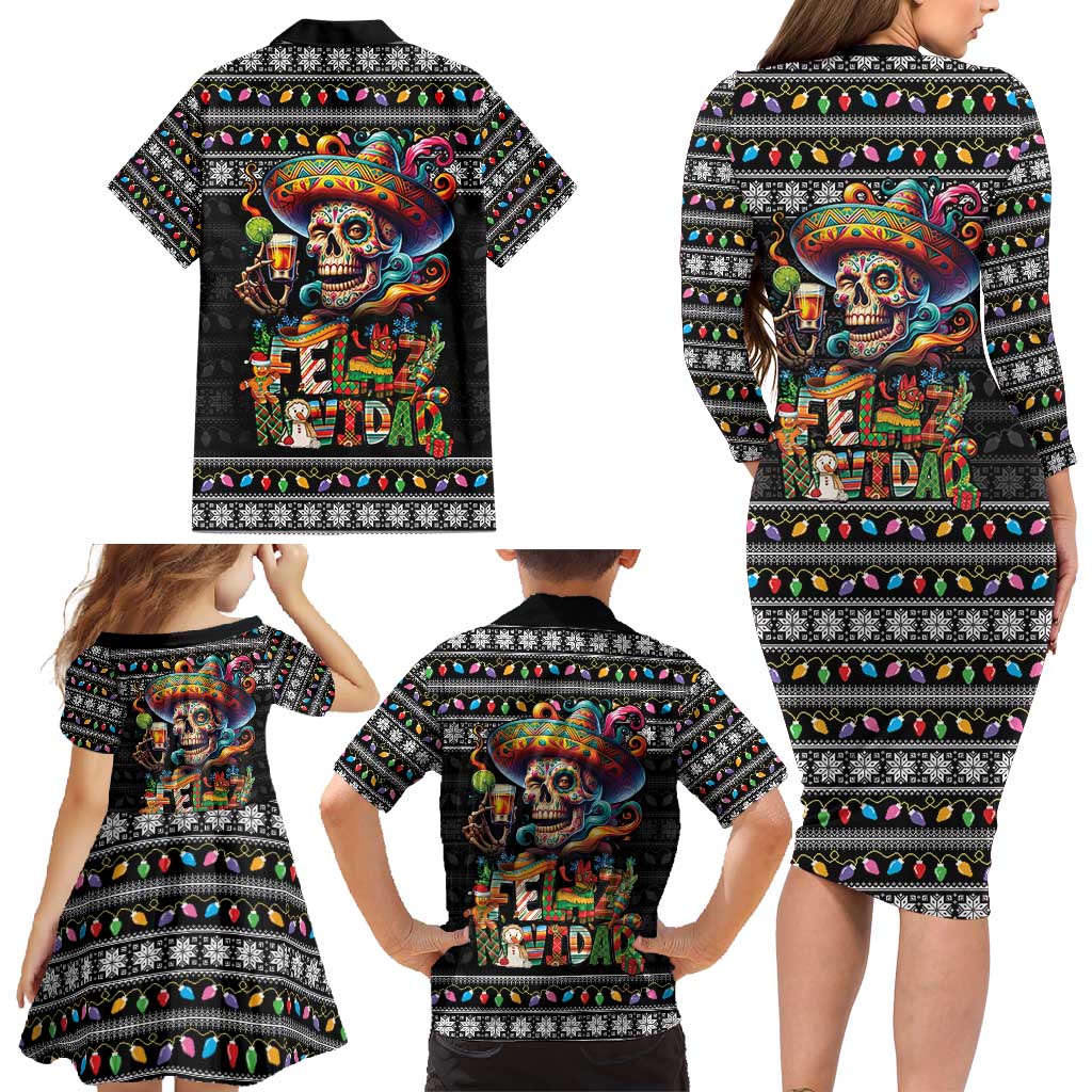 Mexican Sugar Skull Spanish Christmas Family Matching Long Sleeve Bodycon Dress and Hawaiian Shirt Feliz Navidad Mexico - Wonder Print Shop