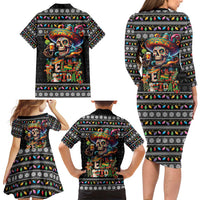 Mexican Sugar Skull Spanish Christmas Family Matching Long Sleeve Bodycon Dress and Hawaiian Shirt Feliz Navidad Mexico - Wonder Print Shop