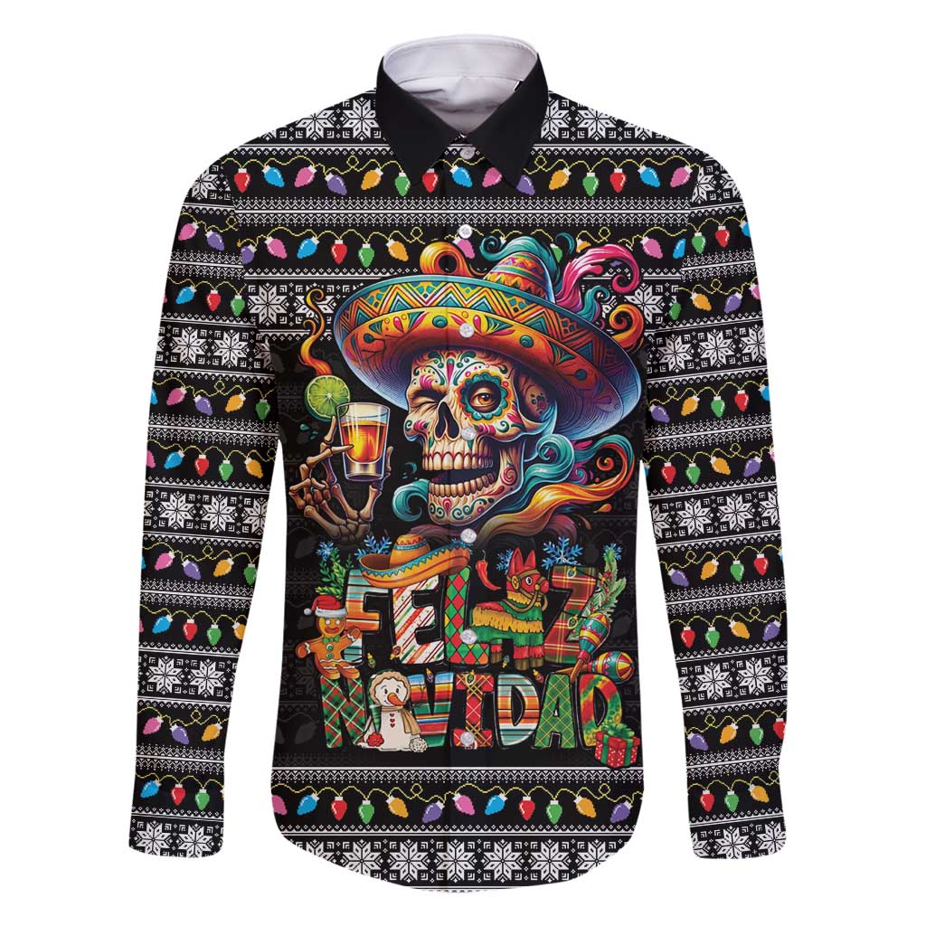 Mexican Sugar Skull Spanish Christmas Family Matching Long Sleeve Bodycon Dress and Hawaiian Shirt Feliz Navidad Mexico - Wonder Print Shop