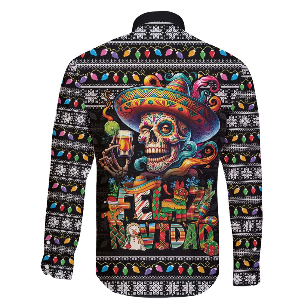 Mexican Sugar Skull Spanish Christmas Family Matching Long Sleeve Bodycon Dress and Hawaiian Shirt Feliz Navidad Mexico - Wonder Print Shop