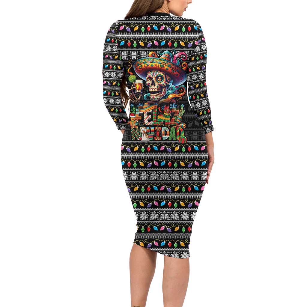 Mexican Sugar Skull Spanish Christmas Family Matching Long Sleeve Bodycon Dress and Hawaiian Shirt Feliz Navidad Mexico - Wonder Print Shop