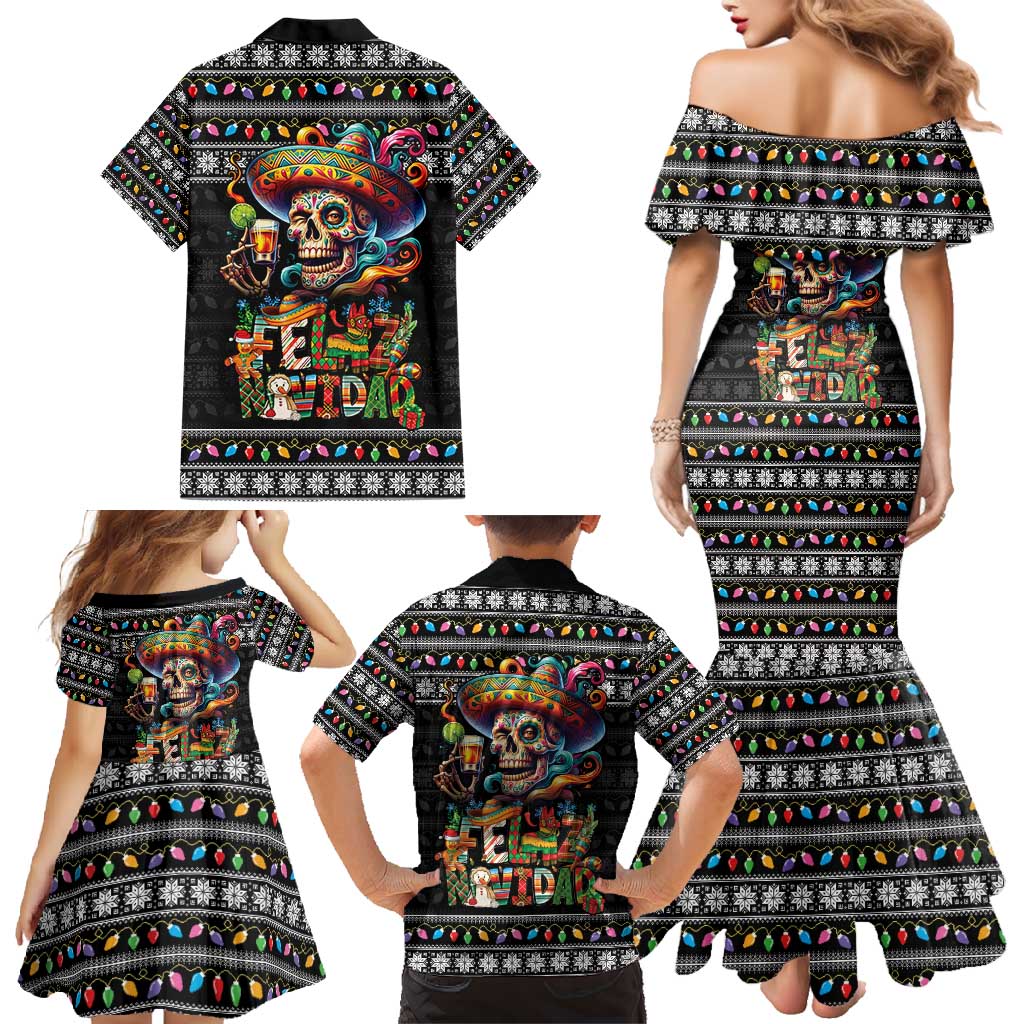 Mexican Sugar Skull Spanish Christmas Family Matching Mermaid Dress and Hawaiian Shirt Feliz Navidad Mexico - Wonder Print Shop