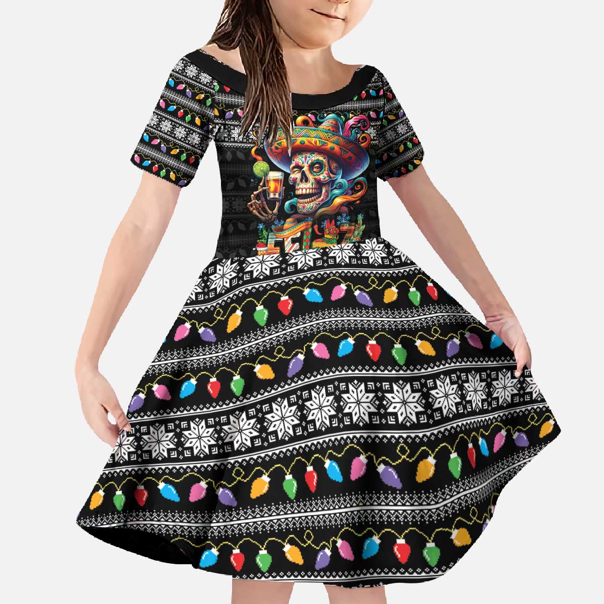 Mexican Sugar Skull Spanish Christmas Family Matching Off The Shoulder Long Sleeve Dress and Hawaiian Shirt Feliz Navidad Mexico - Wonder Print Shop