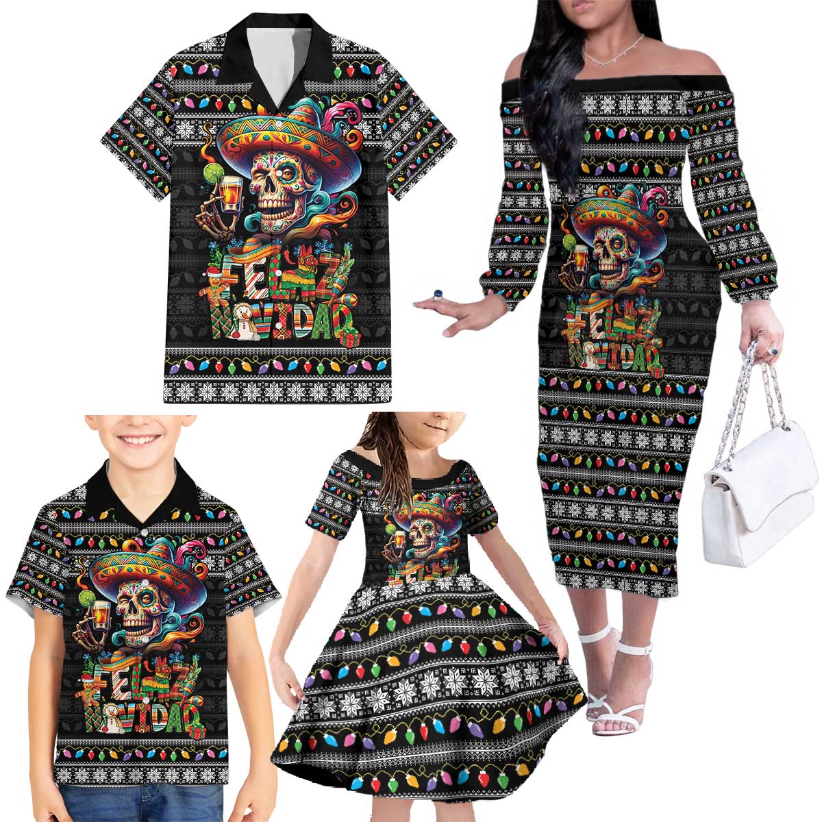 Mexican Sugar Skull Spanish Christmas Family Matching Off The Shoulder Long Sleeve Dress and Hawaiian Shirt Feliz Navidad Mexico - Wonder Print Shop