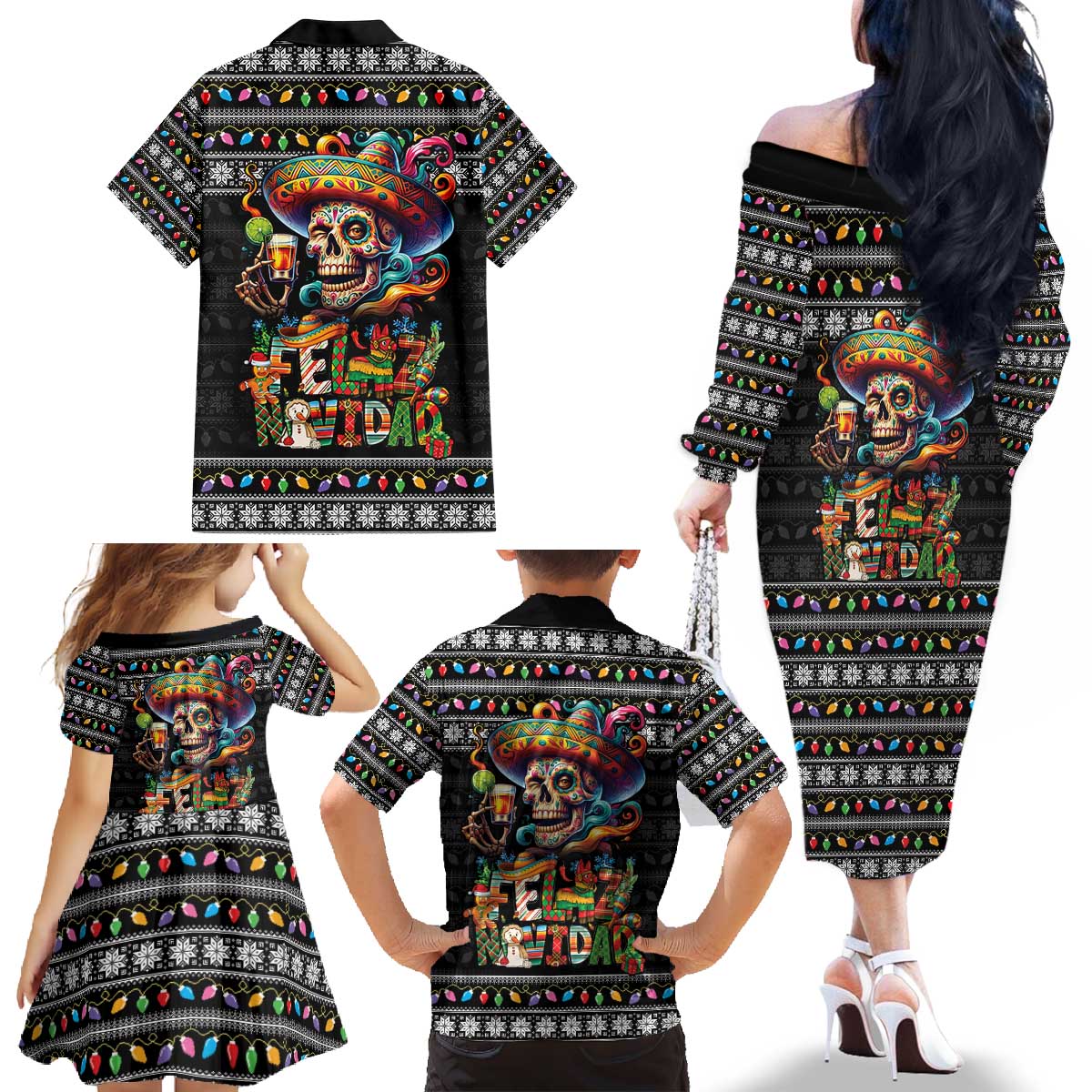 Mexican Sugar Skull Spanish Christmas Family Matching Off The Shoulder Long Sleeve Dress and Hawaiian Shirt Feliz Navidad Mexico - Wonder Print Shop