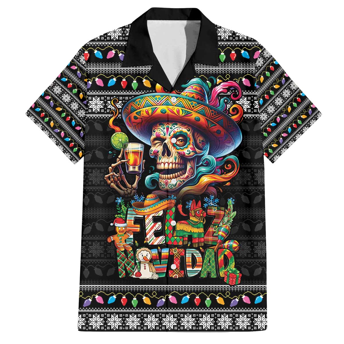 Mexican Sugar Skull Spanish Christmas Family Matching Off The Shoulder Long Sleeve Dress and Hawaiian Shirt Feliz Navidad Mexico - Wonder Print Shop
