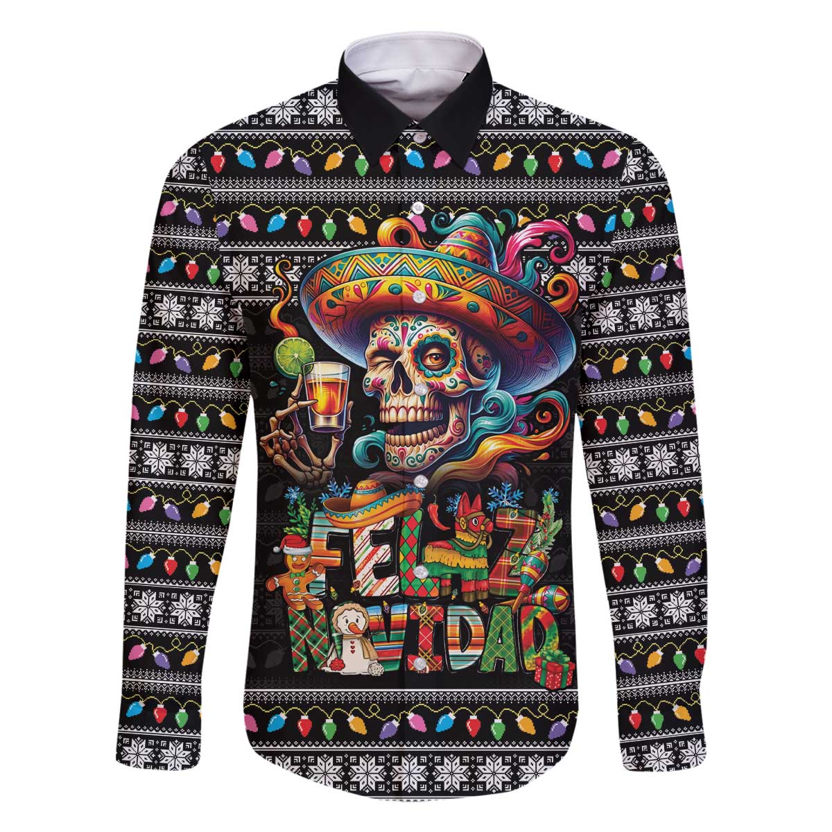 Mexican Sugar Skull Spanish Christmas Family Matching Off The Shoulder Long Sleeve Dress and Hawaiian Shirt Feliz Navidad Mexico - Wonder Print Shop