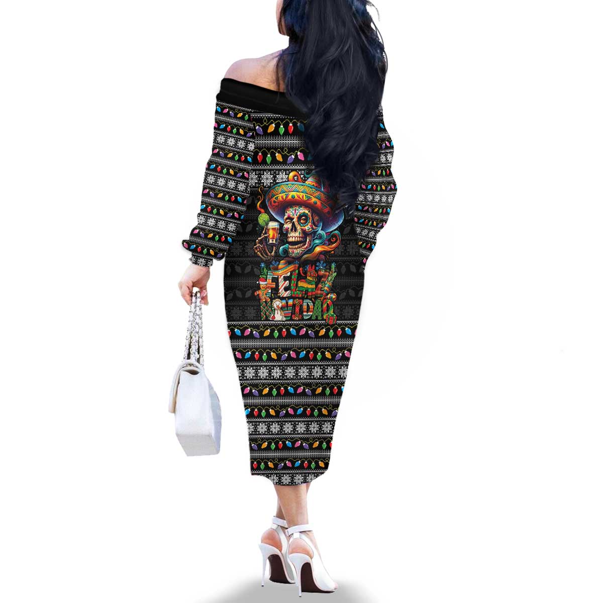 Mexican Sugar Skull Spanish Christmas Family Matching Off The Shoulder Long Sleeve Dress and Hawaiian Shirt Feliz Navidad Mexico - Wonder Print Shop