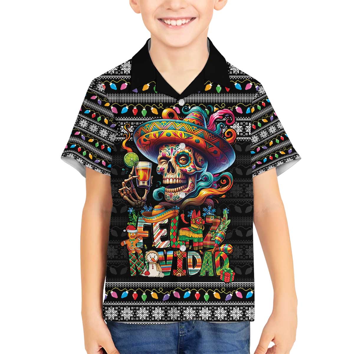 Mexican Sugar Skull Spanish Christmas Family Matching Off The Shoulder Long Sleeve Dress and Hawaiian Shirt Feliz Navidad Mexico - Wonder Print Shop